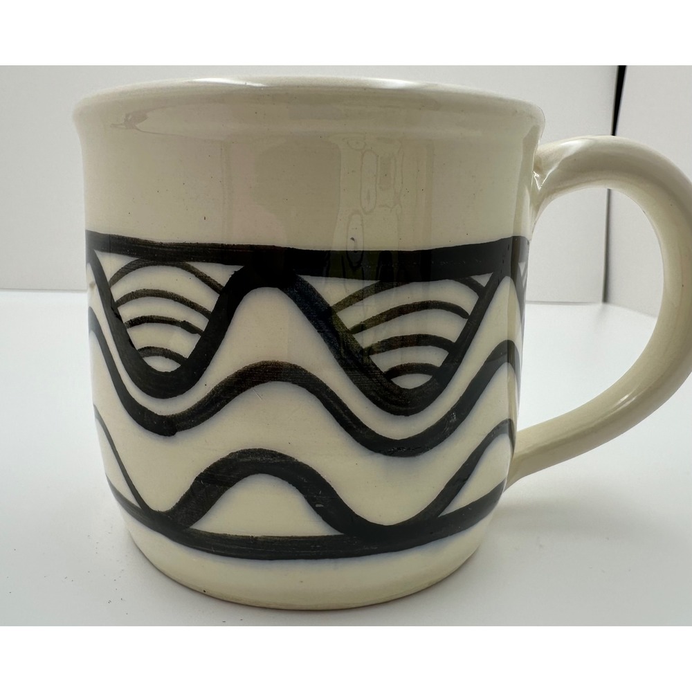 Hoffman Studio Pottery Mug Hand Painted Abstract Wave Cream Ceramic Signed *SEE
